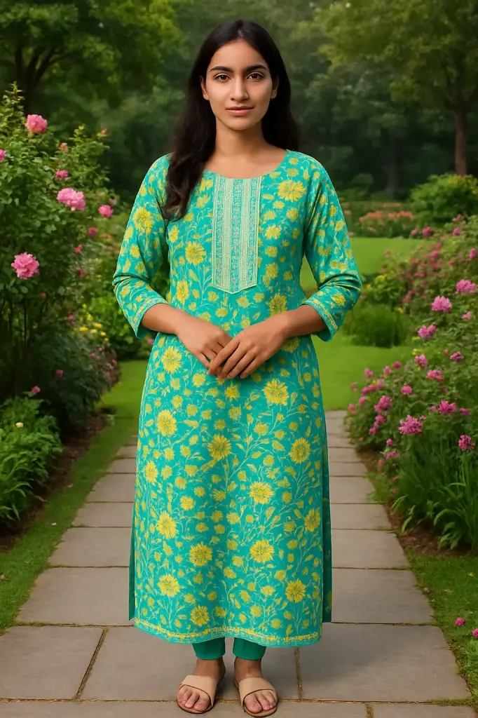 Full Set Knee Length Light Blue Base Colour With Yellow Floral Print Dress