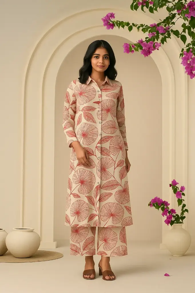 Long Kurti Of Red And Brown Flowers And Leaves