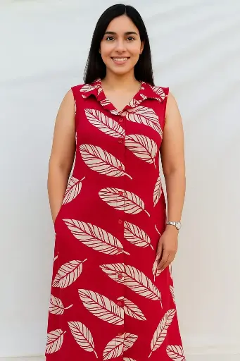 Pink Sleeveless, Button -Down Maxi Dress With White Leaf Print