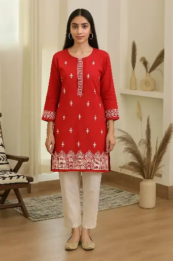 Chikankari Red Short Kurti