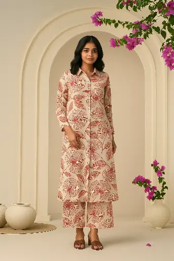 Long Kurti Of Red And Brown Flowers And Leaves